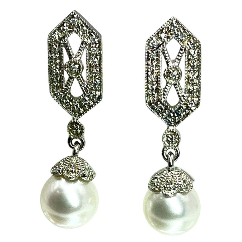 Leslie 925 Sterling Silver Faux White Pearl Drop Dangle Earrings Filigree CZ